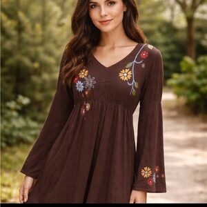 DOUBLE D RANCH Brown embroidered flowers dress Leg Of Mutton sleeves Size Small